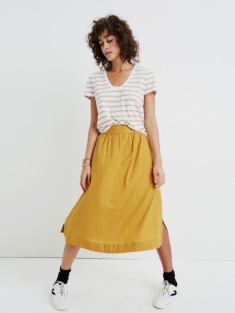 FREE SHIPPING Signature Poplin Side-Button Midi Skirt in Yellow